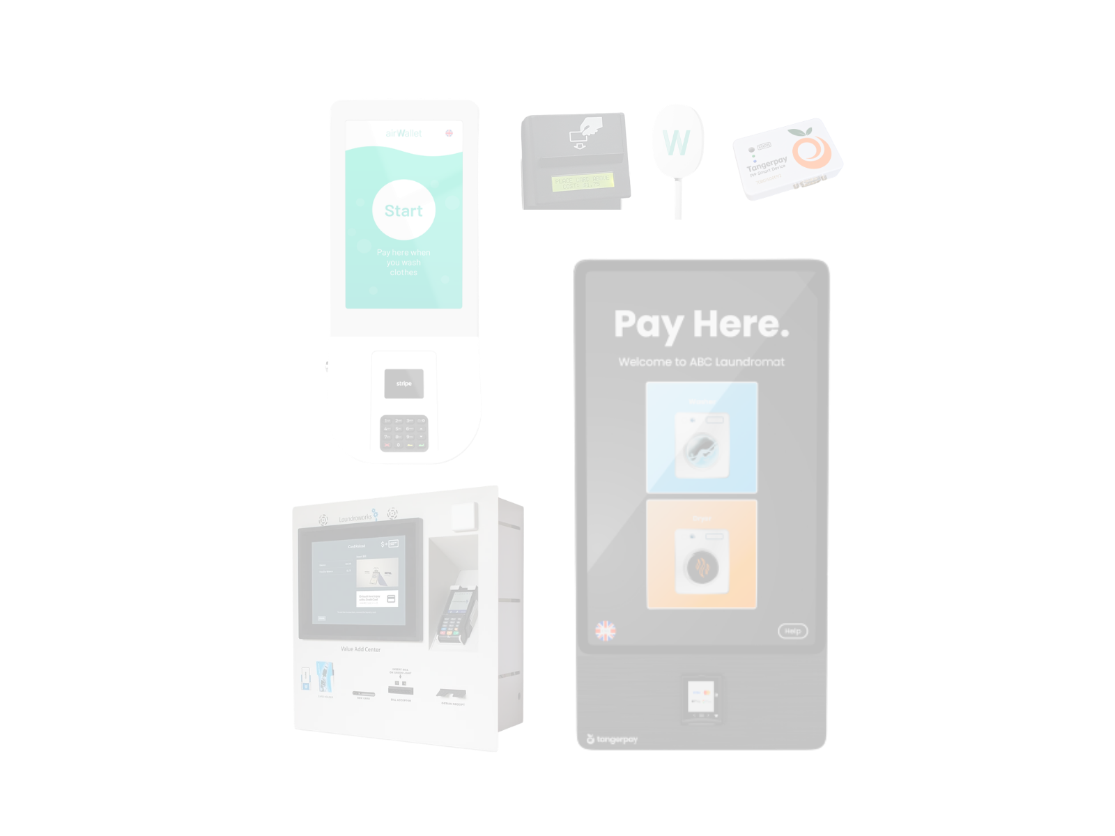 Self-service payment terminal mounted in a modern vended laundromat