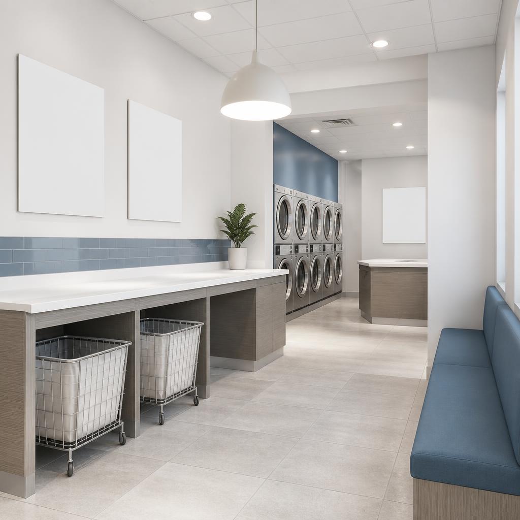 Laundromat interior showing bulkhead panelling, folding tables and store fixtures